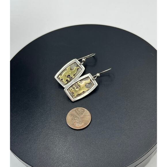 Far Fetched Vintage Southwestern Sterling Silver Two Tone Gecko Dangle Earrings - Picture 2 of 10